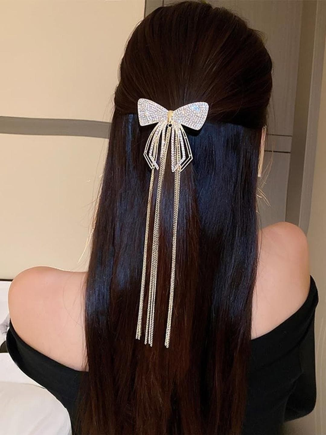 Buy DIVASTRI Women Gold Toned Crystal Bow Hair Clip With Long Tassel Chains - - Accessories for Women