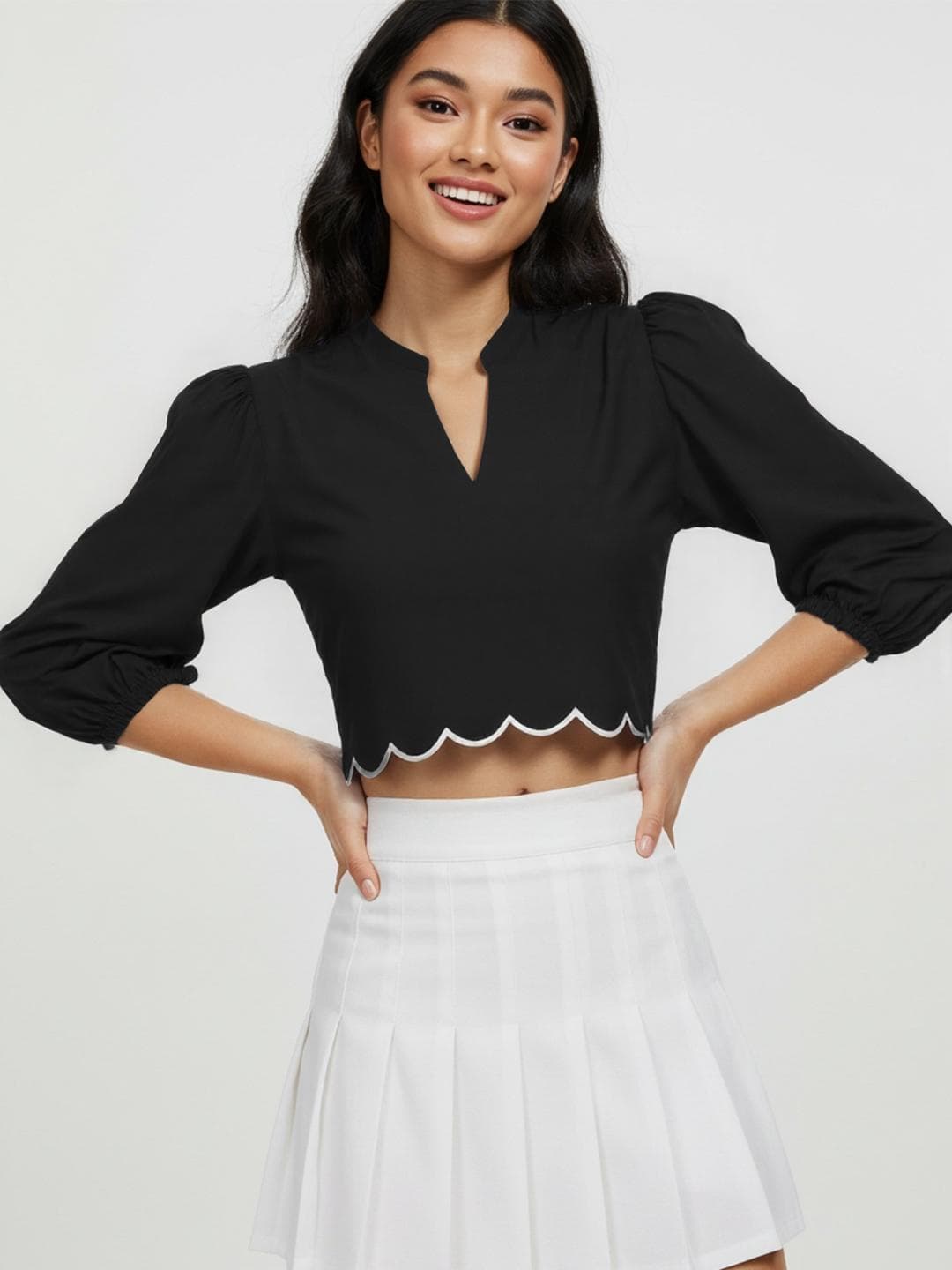 Mandarin Collar Puff Sleeve Cotton Crop Top
