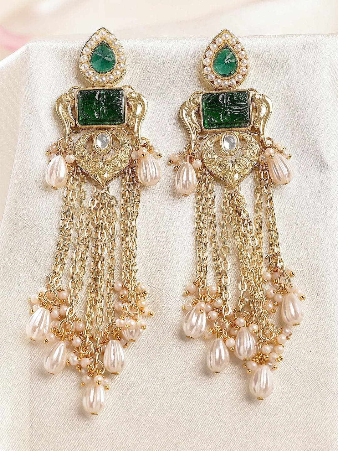 KARATCART Gold-Plated Contemporary Stone and Pearl Studded Tasselled Drop Earrings