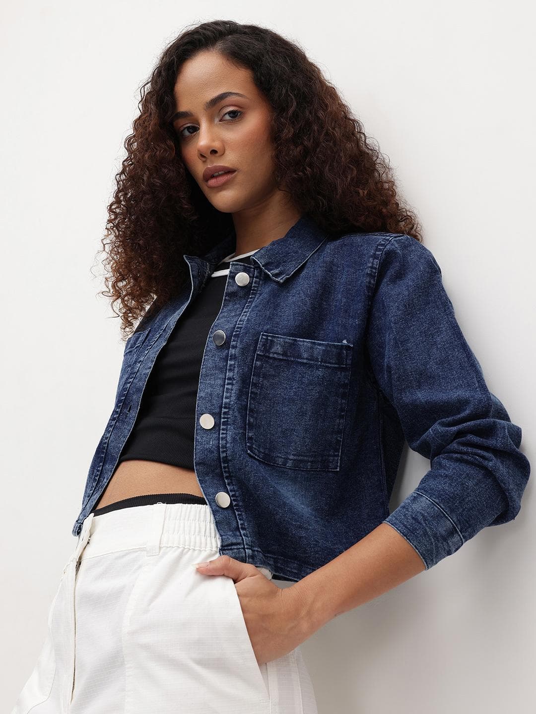 The Roadster Life Co. Spread Collar Washed Crop Denim Jacket