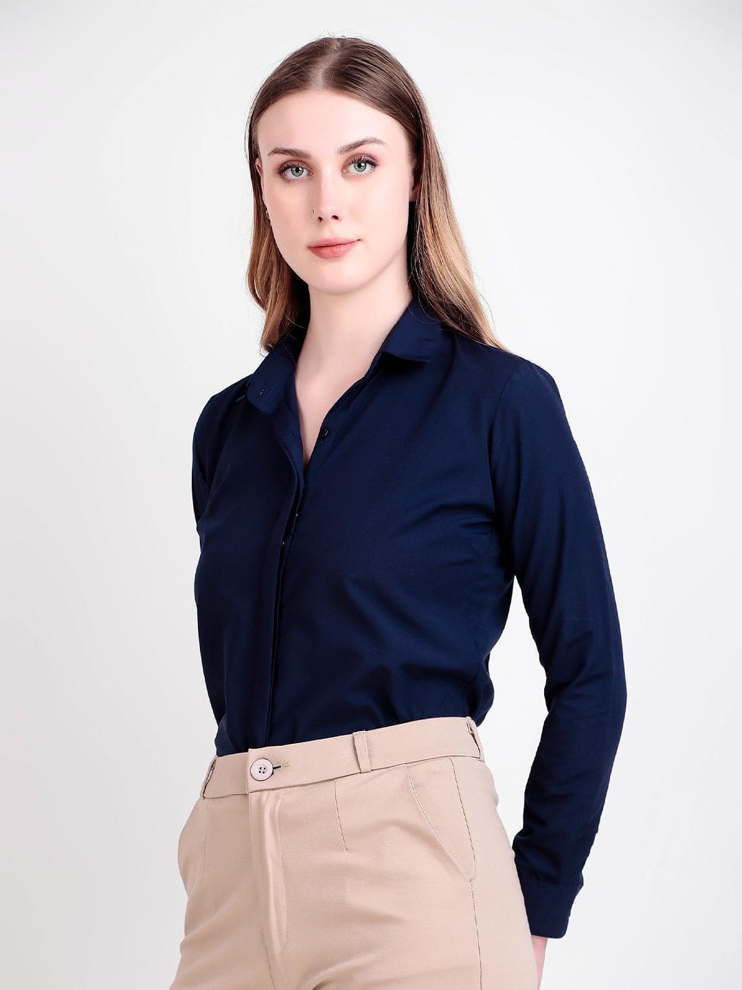 SWAZ Women Navy Blue Slim Fit Solid Spread Collar Formal Shirt