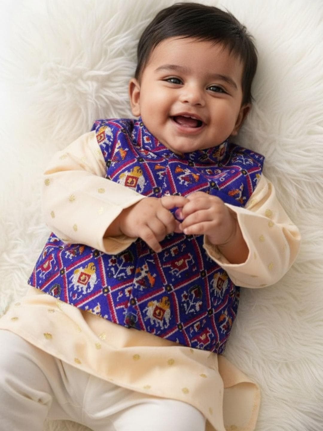 Sangria Boys Printed Pure Silk Kurta & Pyjamas With Waistcoat