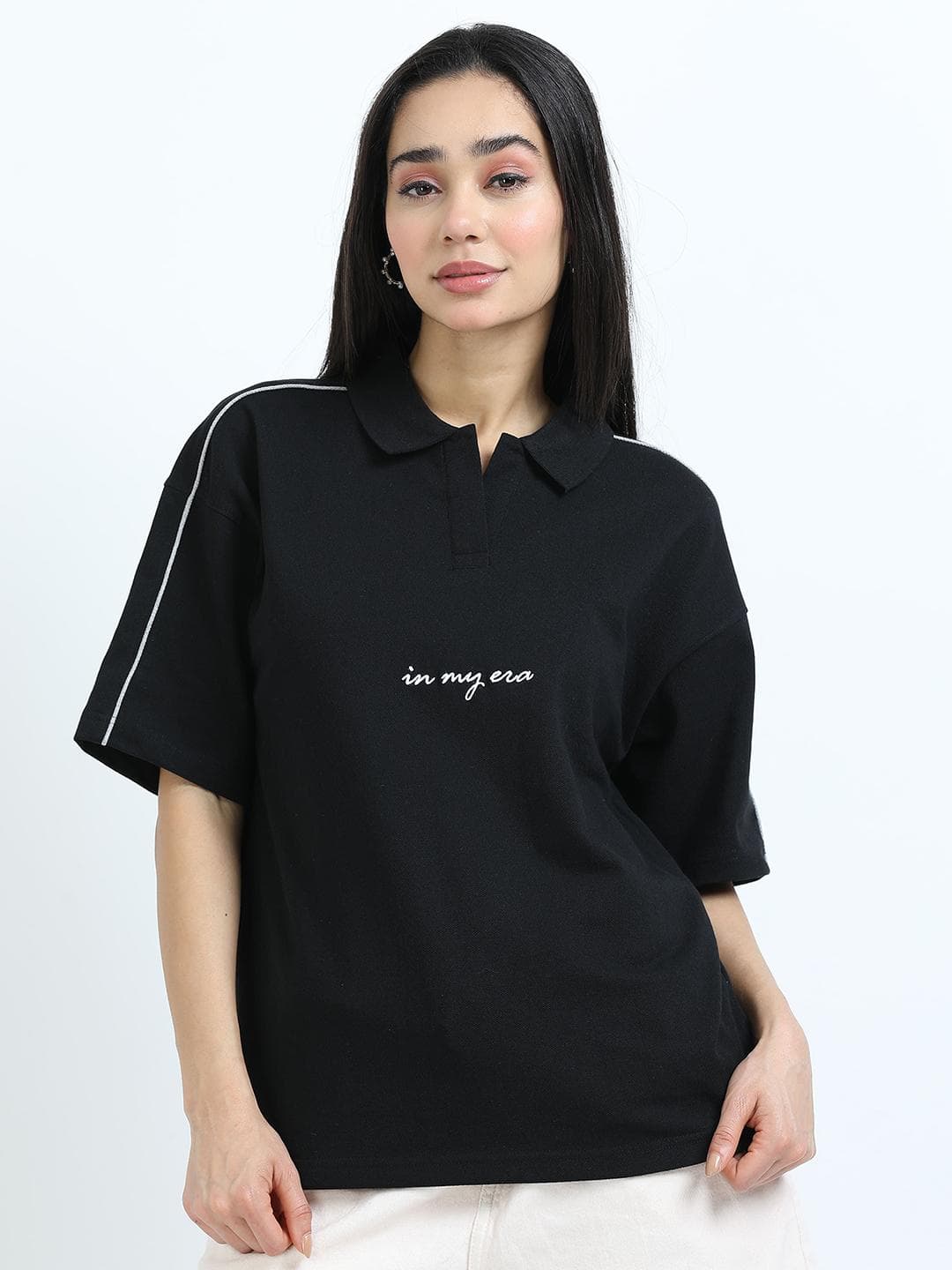 glitchez Women Typography Printed Polo Collar Oversized T-shirt