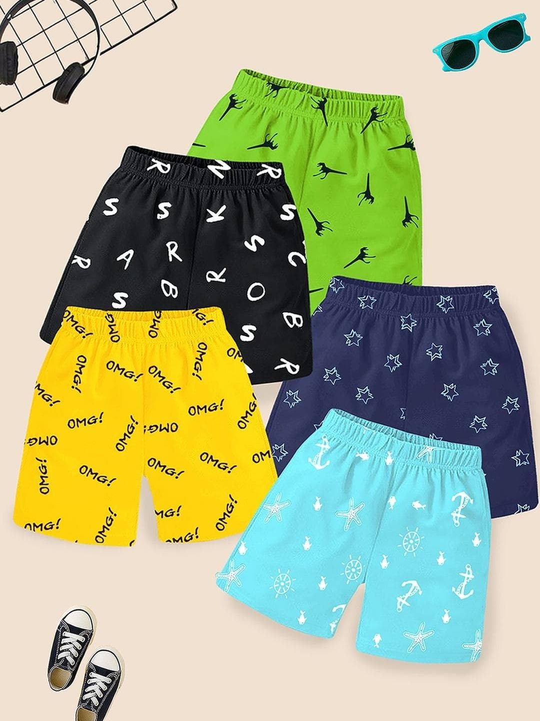 YK Boys Pack Of 5 Printed Cotton Shorts