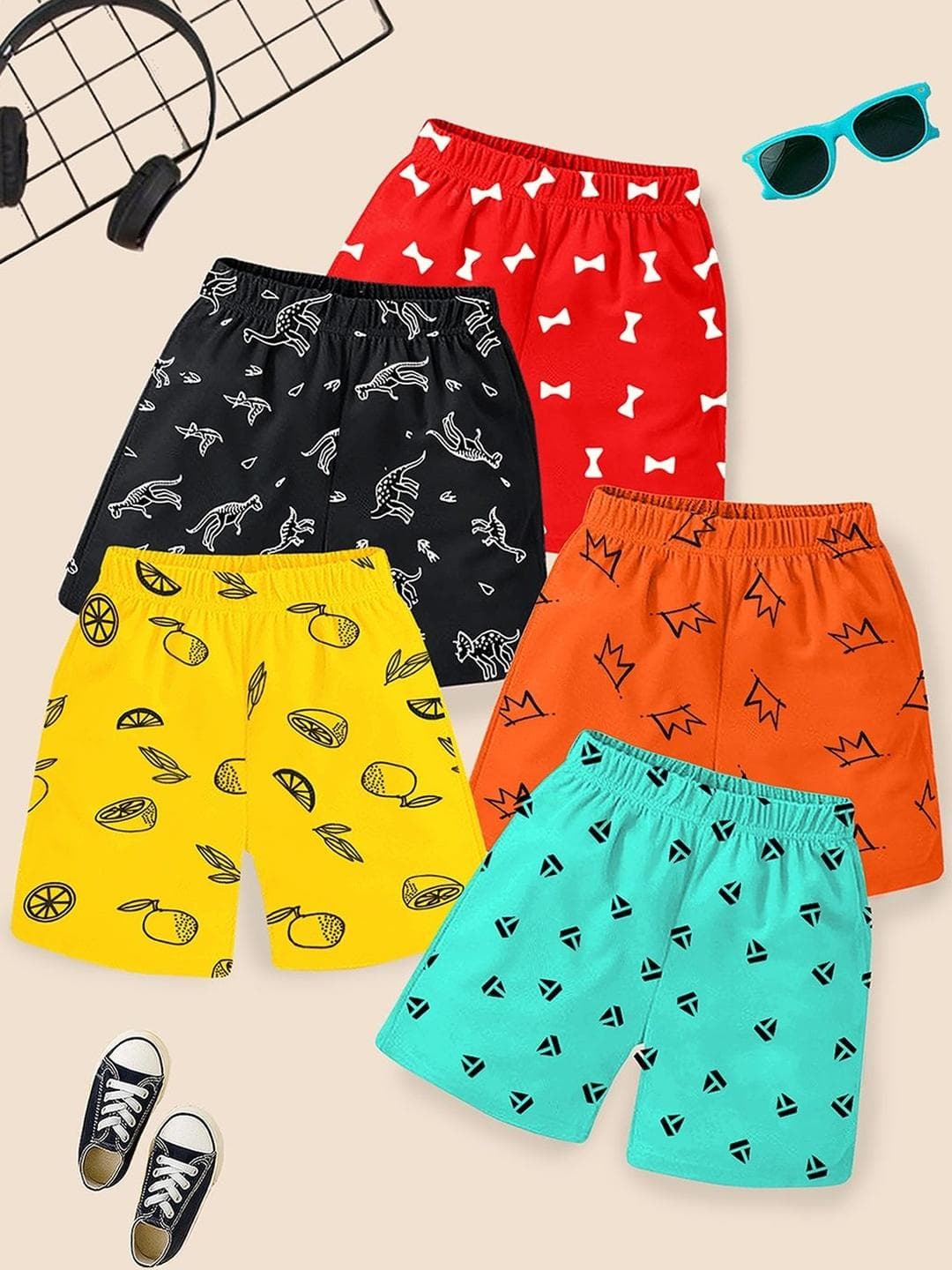 YK Boys Pack of 5 Printed Cotton Shorts