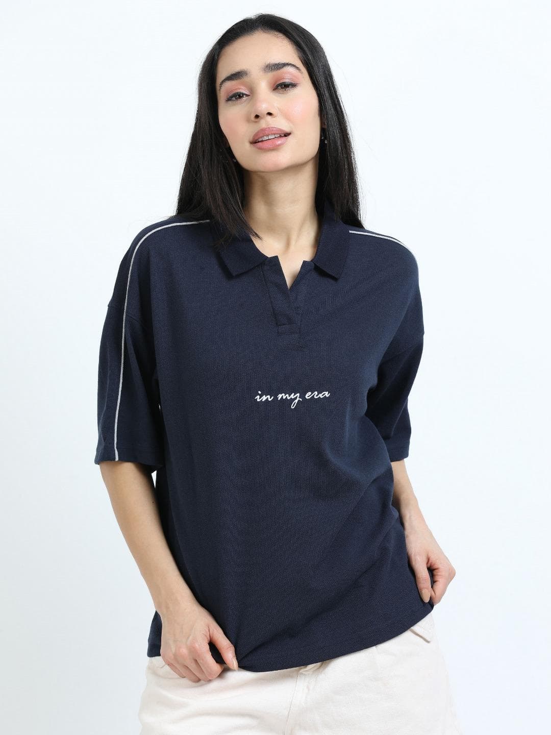 glitchez Women Typography Printed Polo Collar Oversized T-shirt
