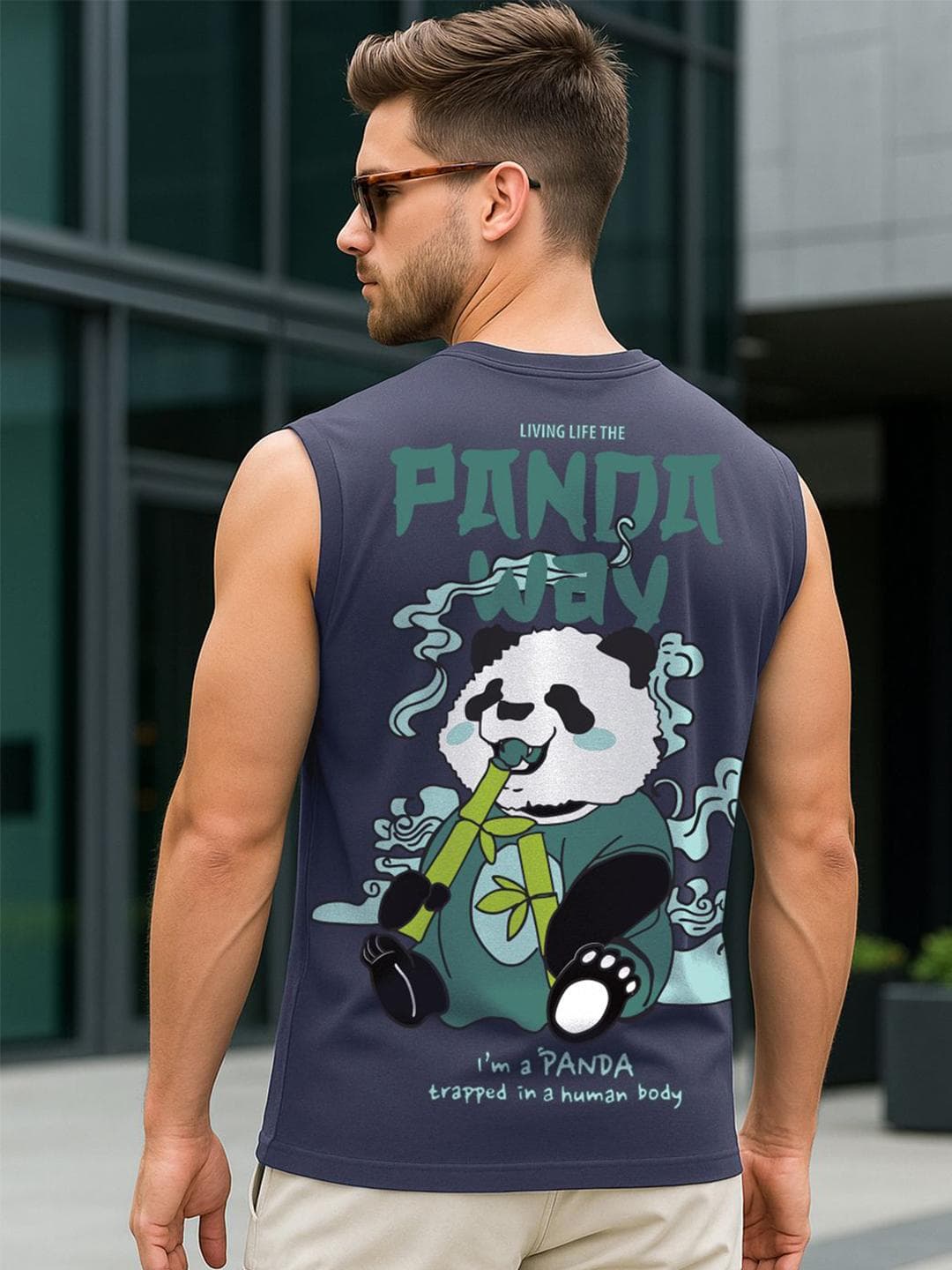 Buy Bewakoof Men Navy Blue The Panda Way Graphic Printed Boxy Fit Cotton Round Neck Vest - - Apparel for Men
