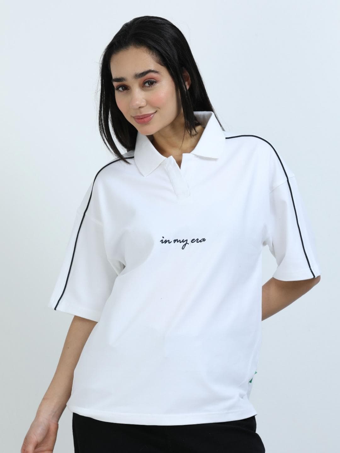 glitchez Women Typography Printed Polo Collar Oversized T-shirt