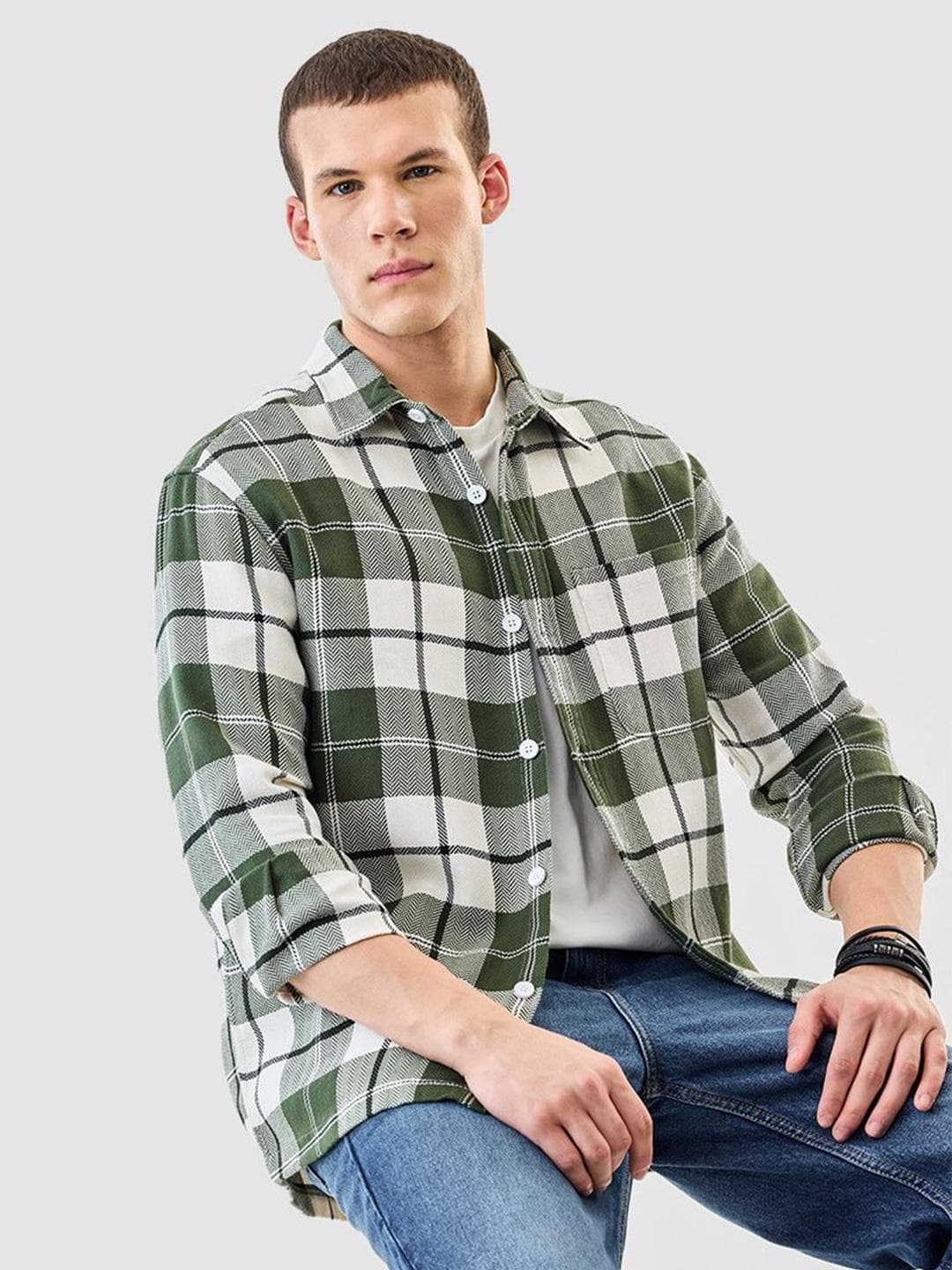 Snitch Men Relaxed Fit Tartan Checked Spread Collar Casual Shirt