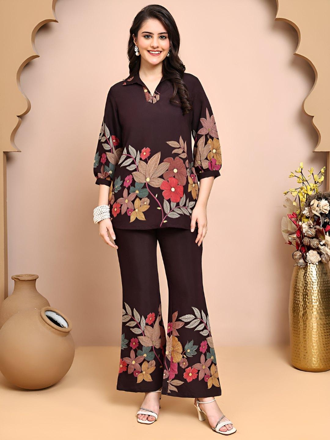 Buy Claura Brown Floral Printed Shirt & Trousers Co Ord Set - - Apparel for Women