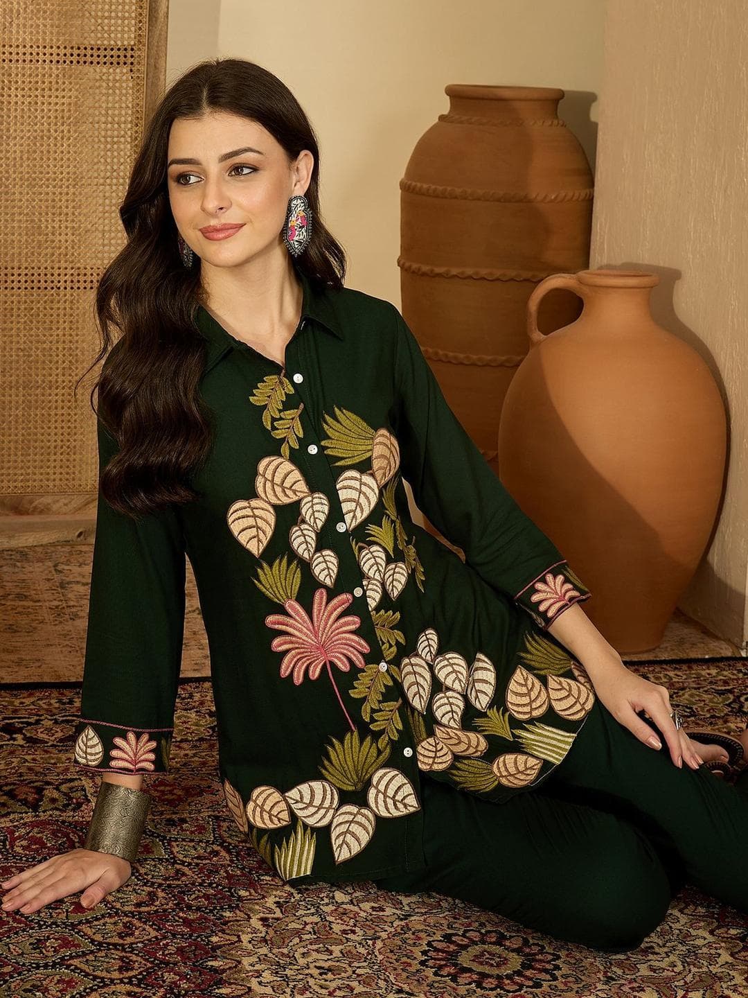 Buy Sangria Women Embroidered Shirt Style Top With Trousers Co Ords - - Apparel for Women