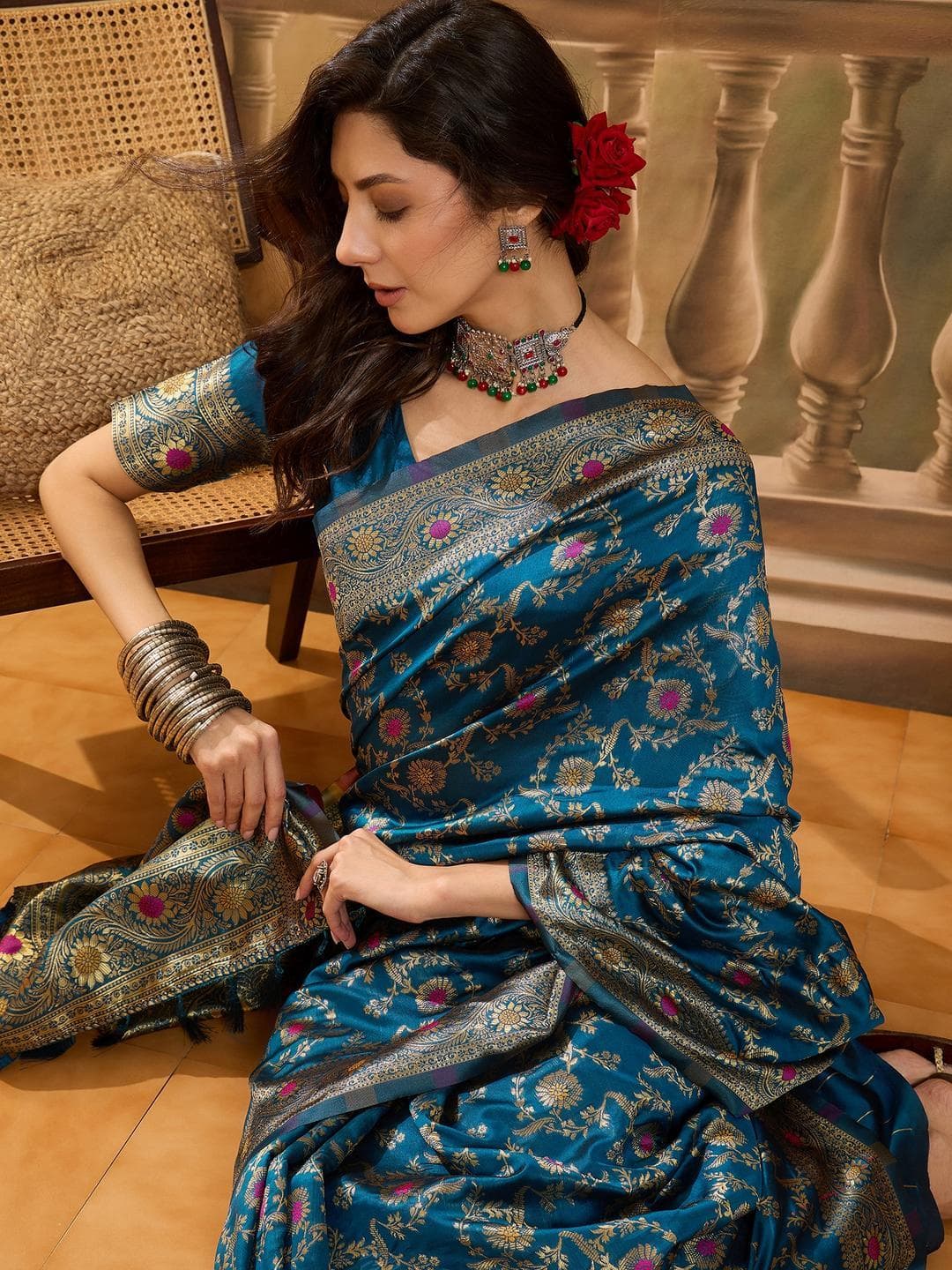 Sangria Teal Woven Design Silk Blend Sarees