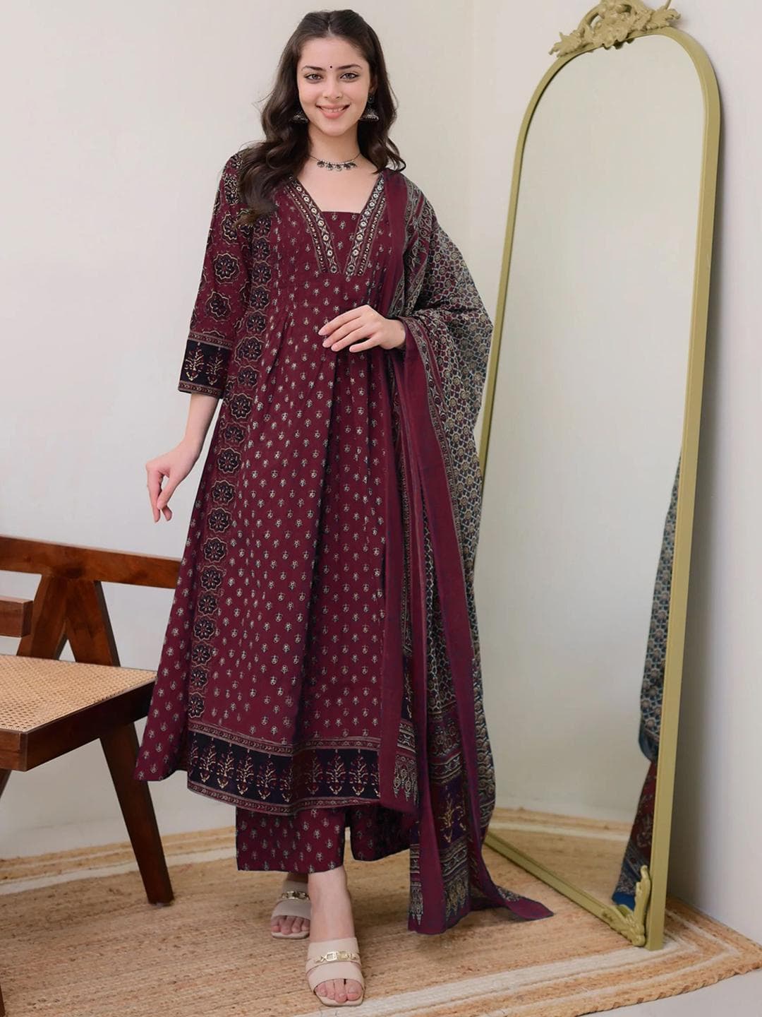 GoSriKi Floral Printed Anarkali Kurta With Palazzos & Dupatta