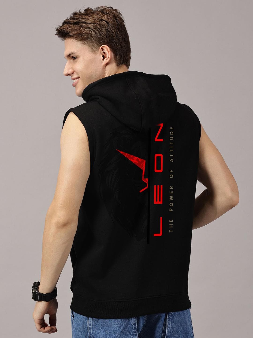 LEON Men Printed Hooded Sleeveless Sweatshirt