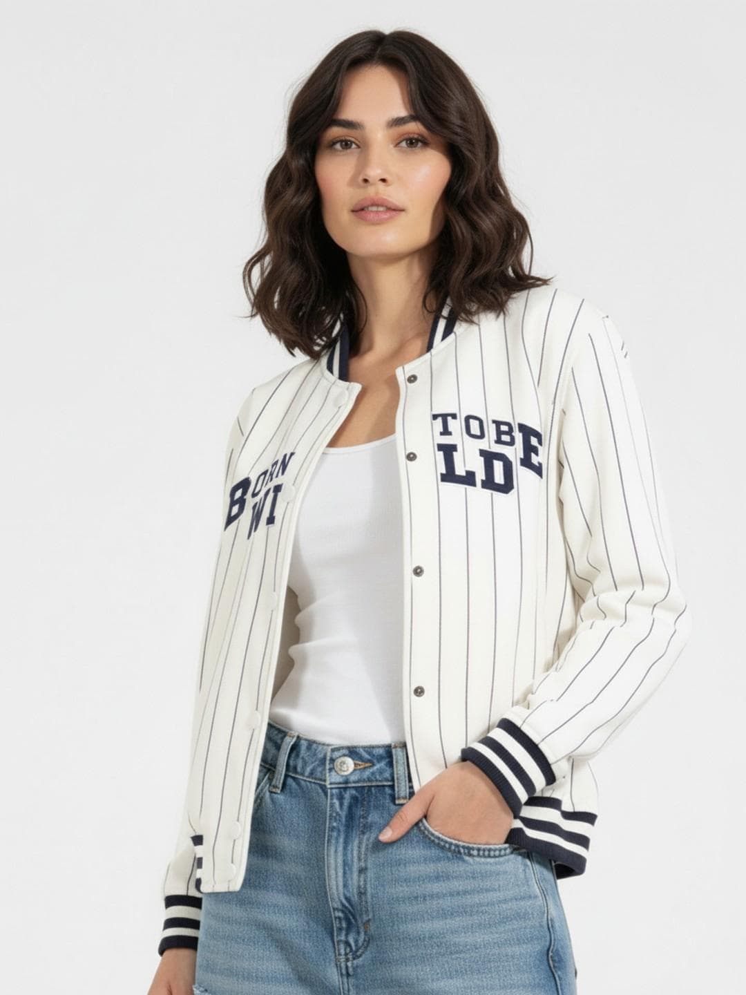 glitchez Typography Patchwork Striped Varsity Jacket
