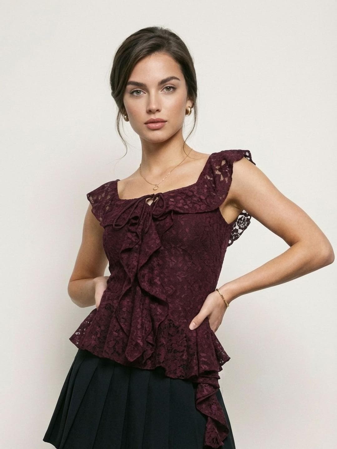 Phosphorus Floral Lace Flutter Sleeves Ruffles Fitted Top