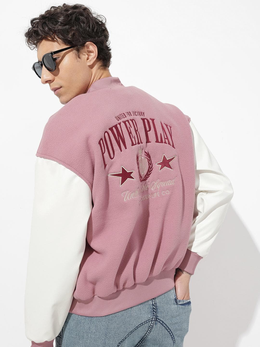The Roadster Life Co. Typography Printed Mock Collar Varsity Jacket