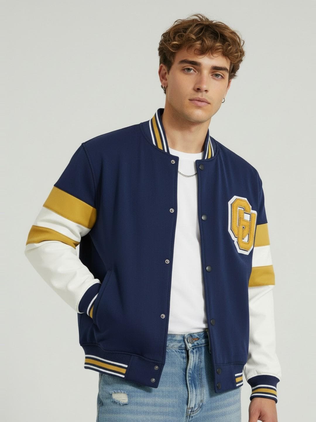 glitchez Typography Varsity Jacket with Patchwork