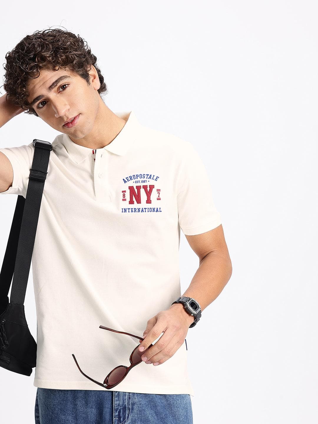 Aeropostale Typography Embroidered Pure Cotton Polo Collar T-shirt