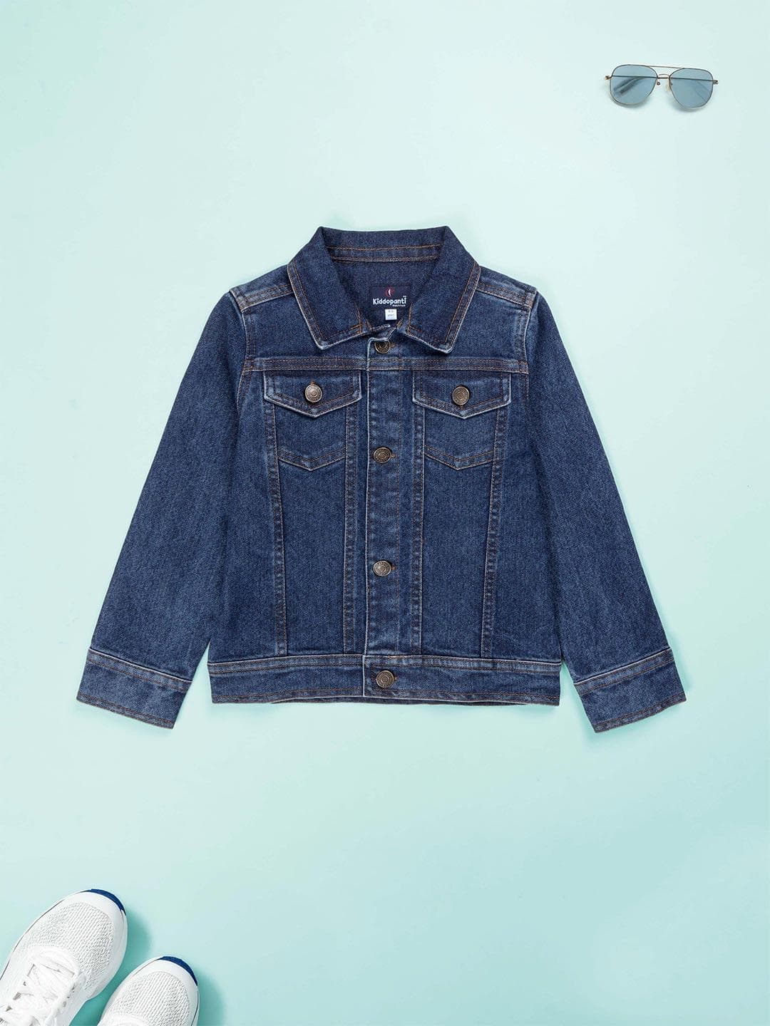 KiddoPanti Boys Blue Washed Crop Denim Jacket with Badge