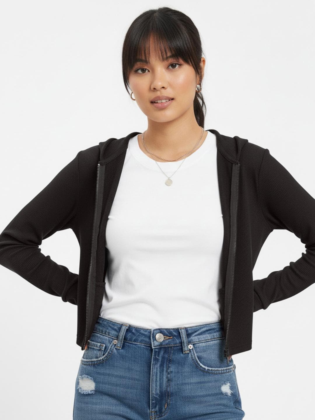 glitchez Hooded Front-Open Ribbed Crop Sweatshirt