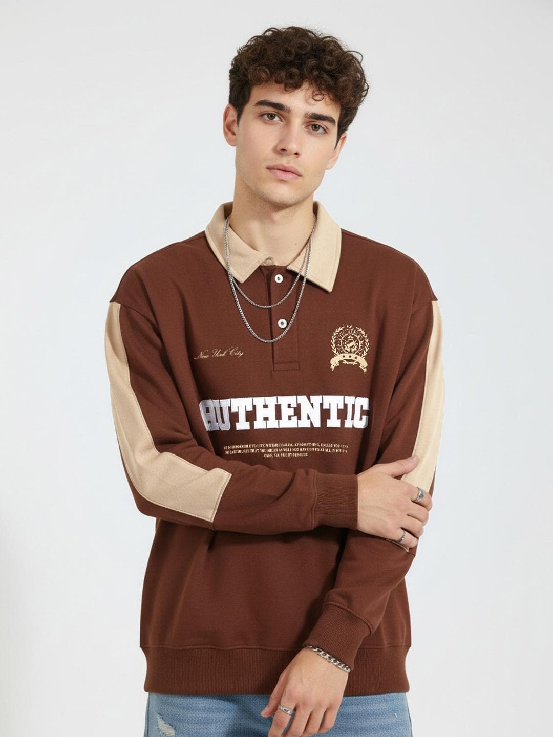 glitchez Typography Embroidered Shirt Collar Relaxed Fit Sweatshirt