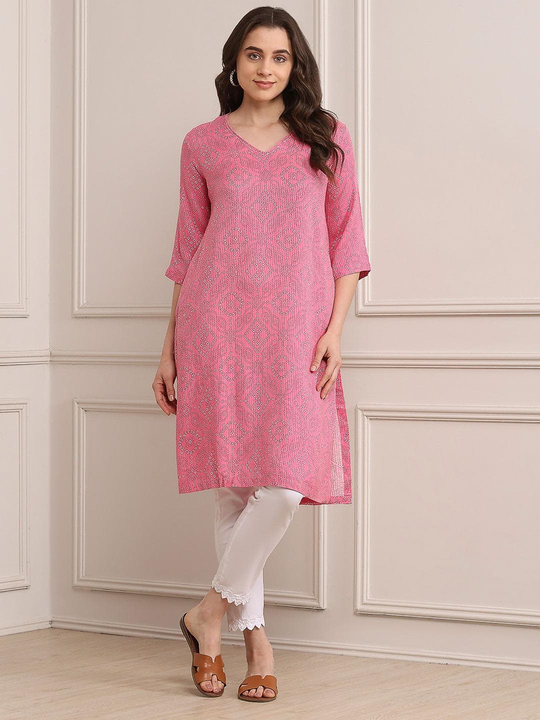 Biba V-Neck Geometric Printed A-Line Kurta