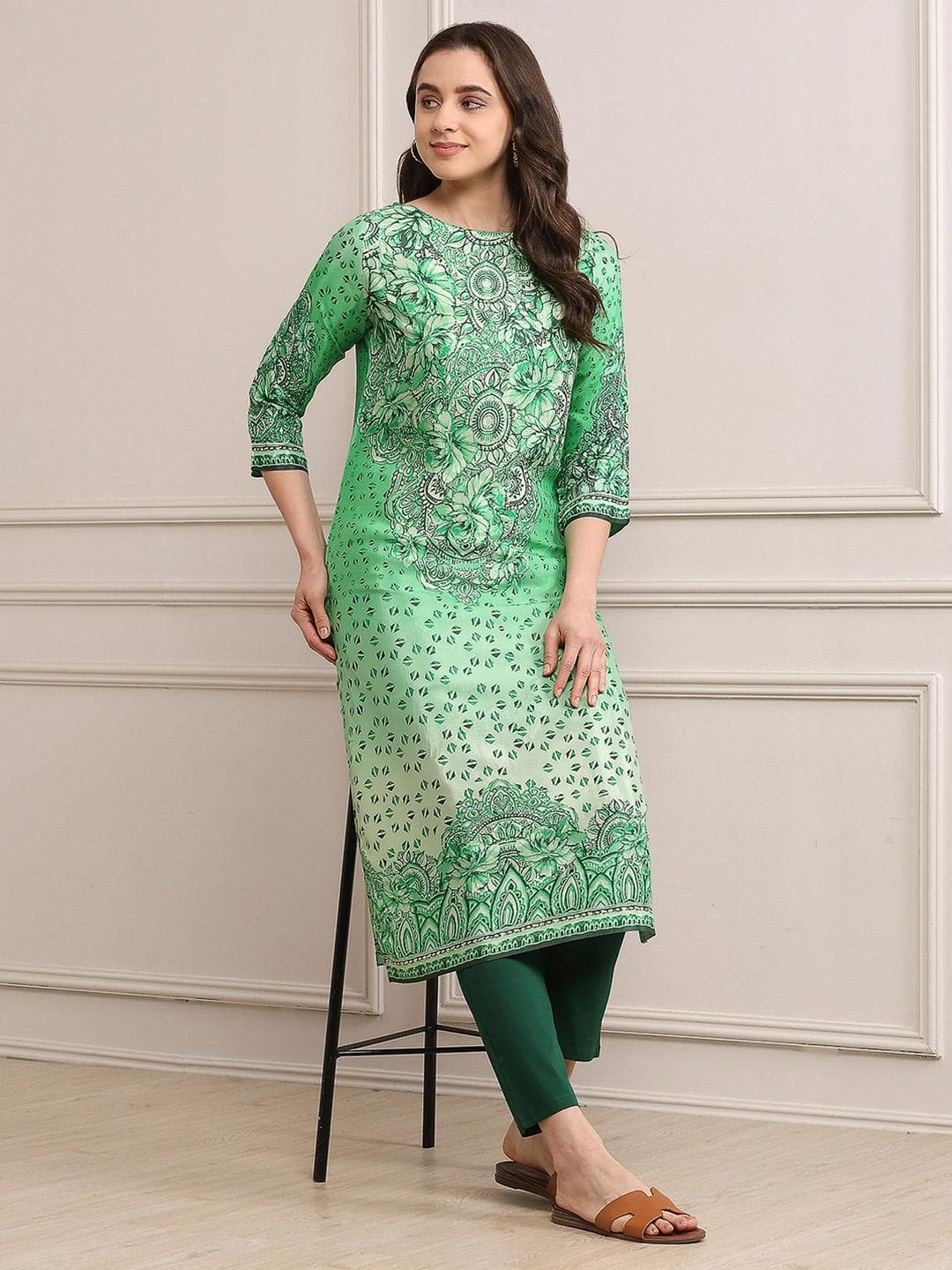 Biba Women Green Floral Printed Cotton Kurta
