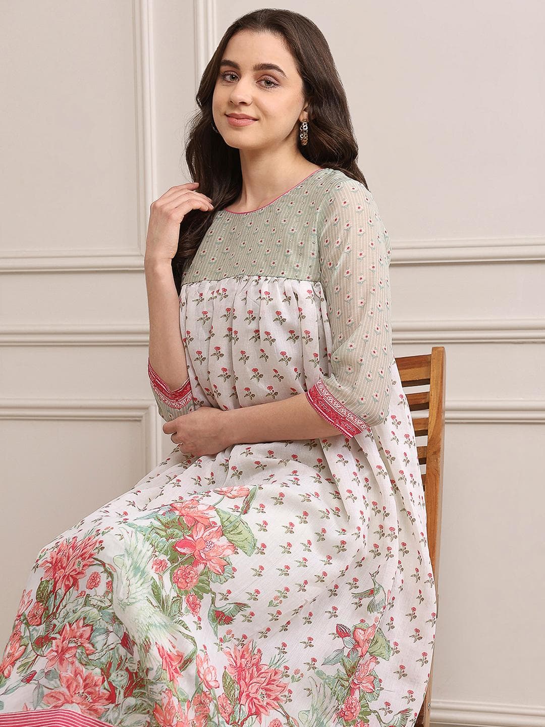 Biba Women Pink & Green Ethnic Motifs Printed Anarkali Kurta