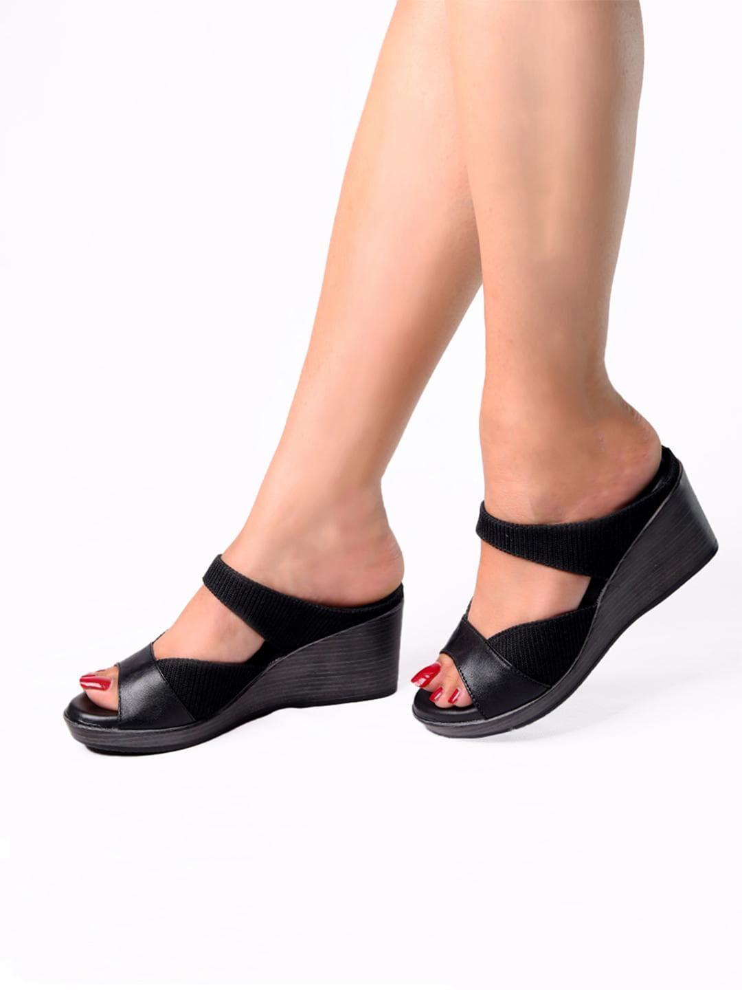 Monrow Black Textured Open Toe Wedges