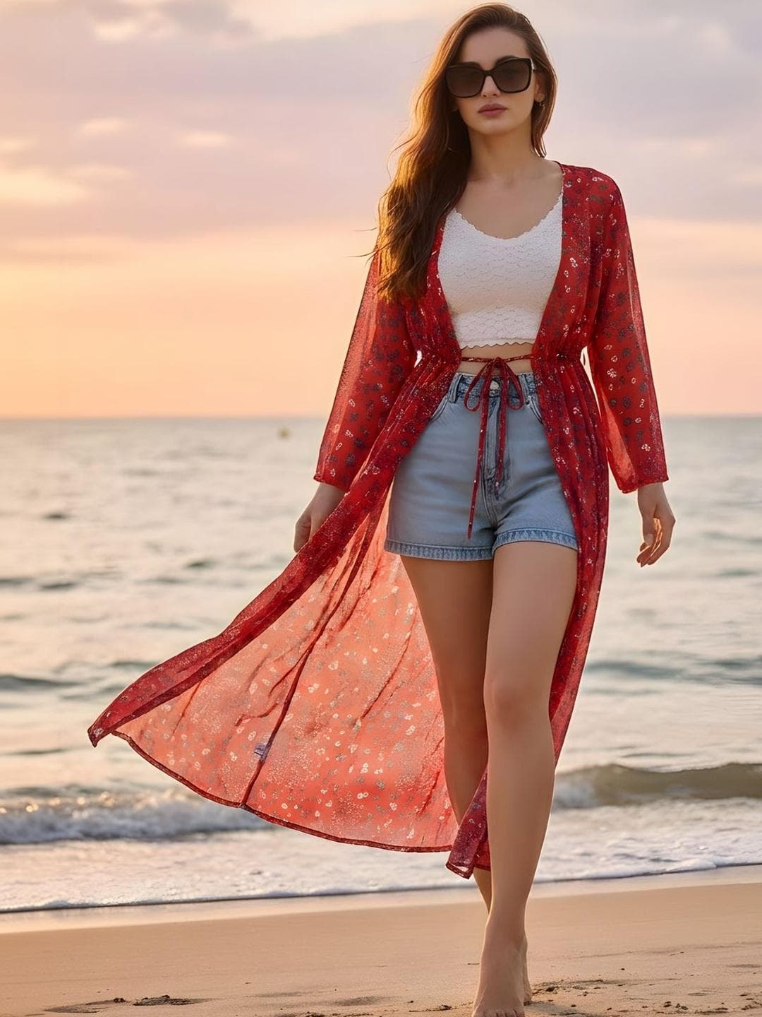 Sera Women Printed Longline Tie-Up Shrug
