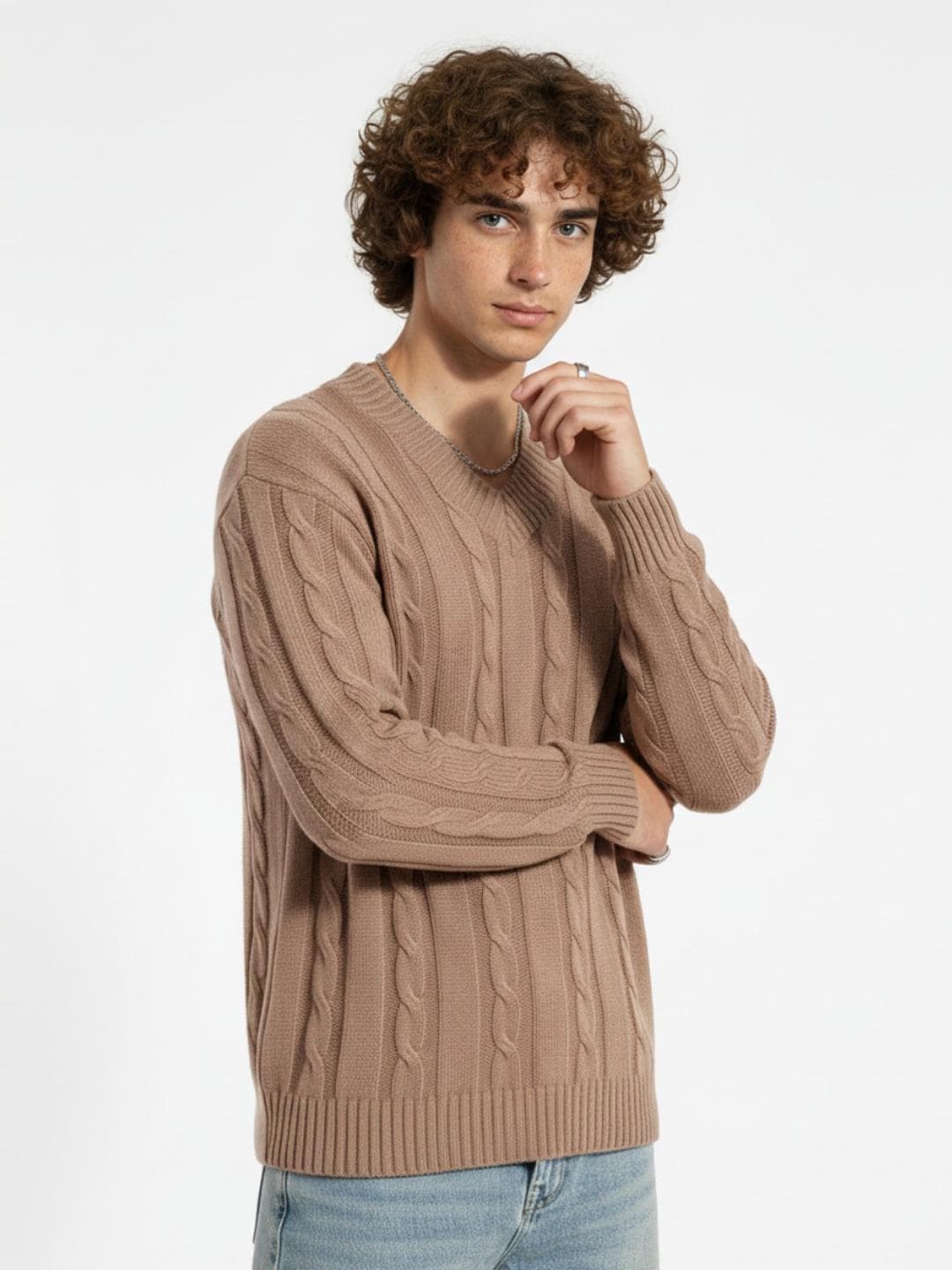 glitchez Cable Knit V-Neck Longline Pullover