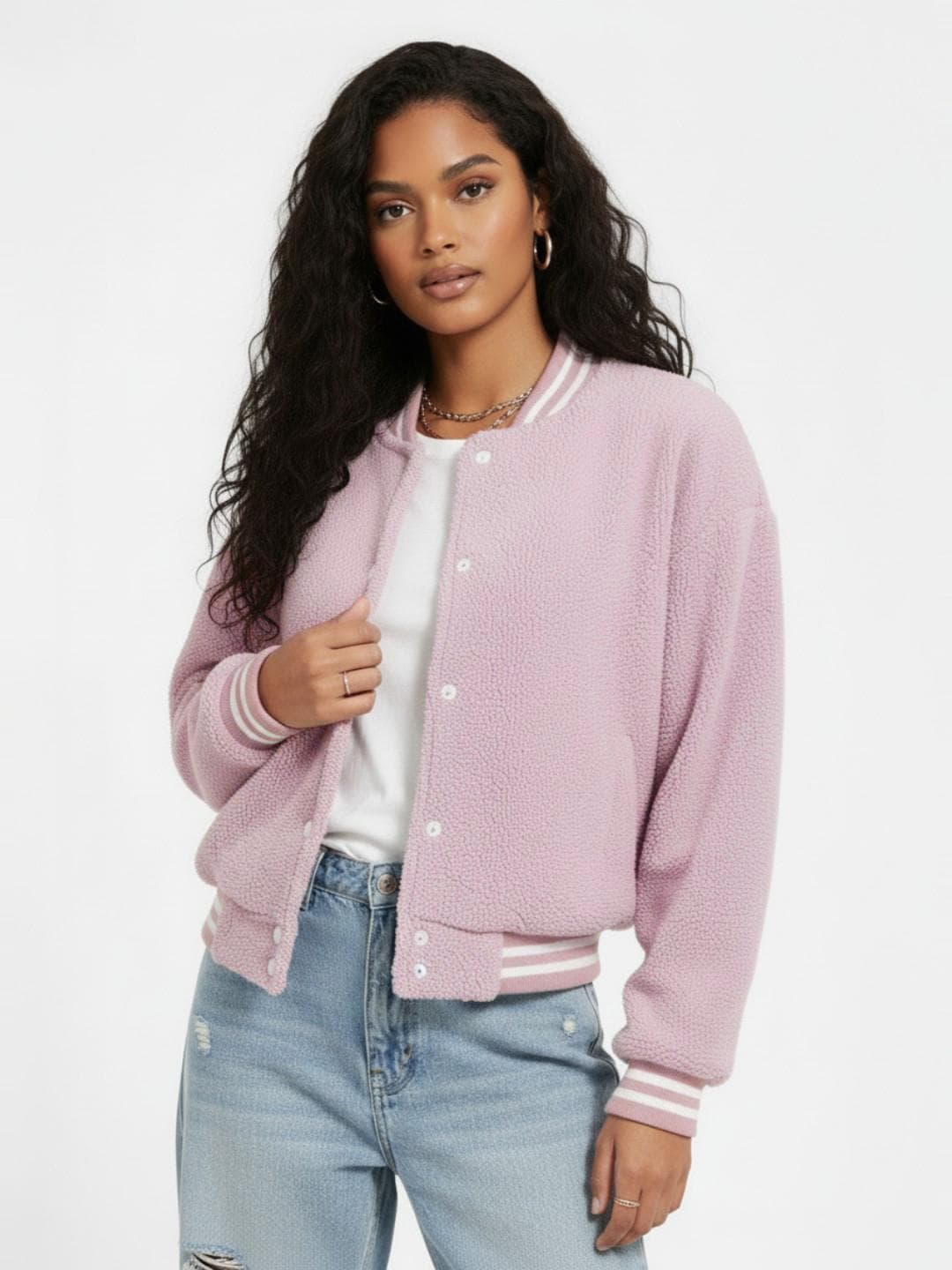 glitchez Stand Collar Oversized Varsity Sherpa Jacket