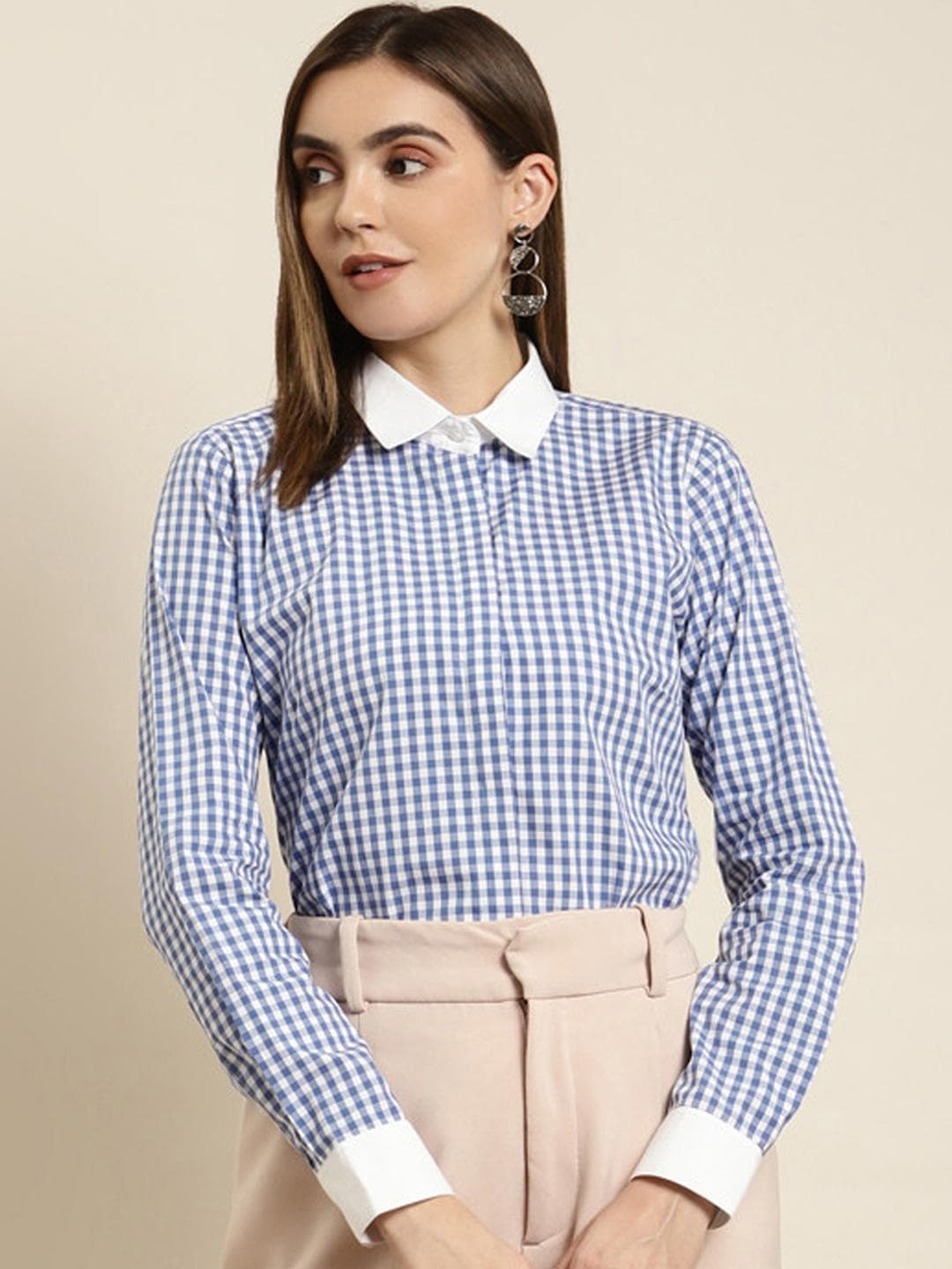 Hancock Women Blue & White Gingham Checked Pure Cotton Regular Fit Formal Shirt