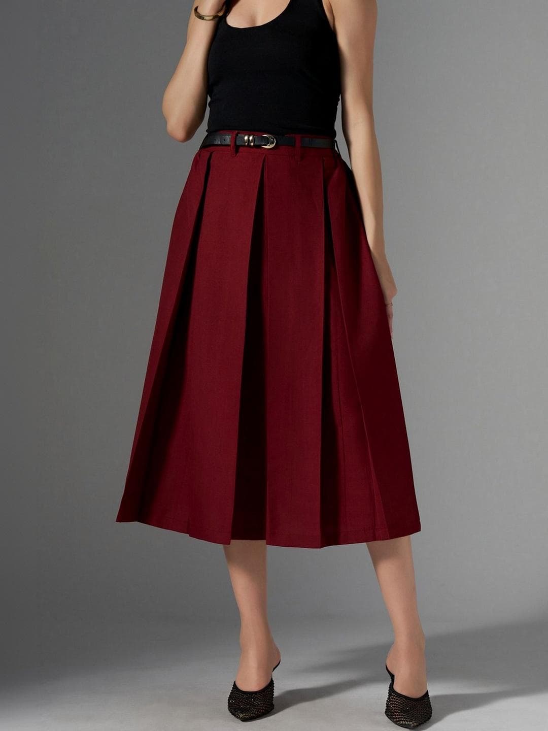 AASK Cotton Midi Flared Pleated Skirt With Belt Loop