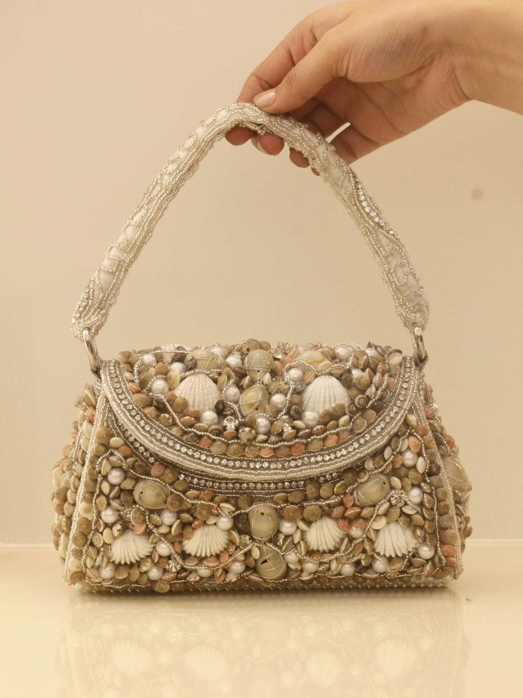 CHICLOSET Women Silver Embellished Handbag with Top Handle