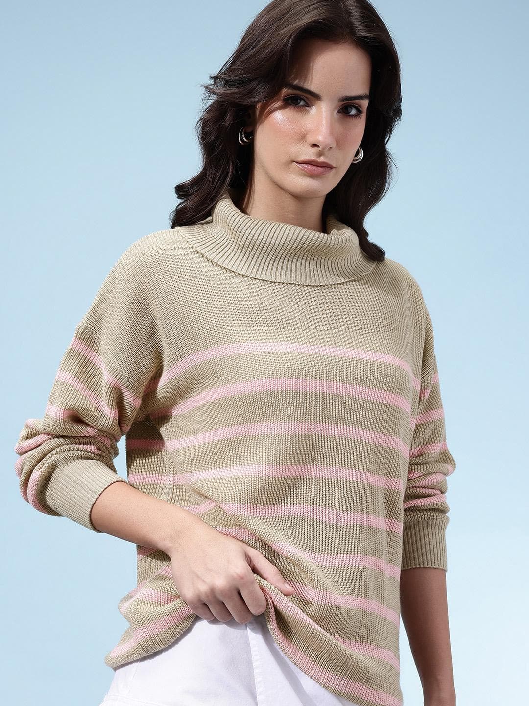 glitchez Self Striped Turtle Neck Oversized Acrylic Pullover