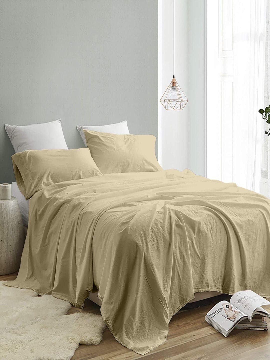 Buy Sangria Khaki Color 300 TC King Double Bedsheet With 2 Pillow Covers 2.74 M X 2.74 M - - Home for Unisex