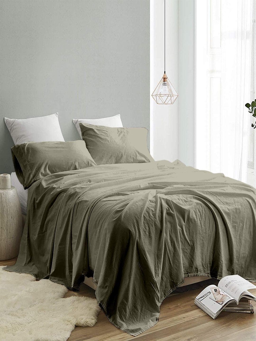 Buy Sangria Olive 300 TC Pure Cotton King Double Bedsheet With 2 Pillow Covers 2.74 M X 2.74 M - - Home for Unisex