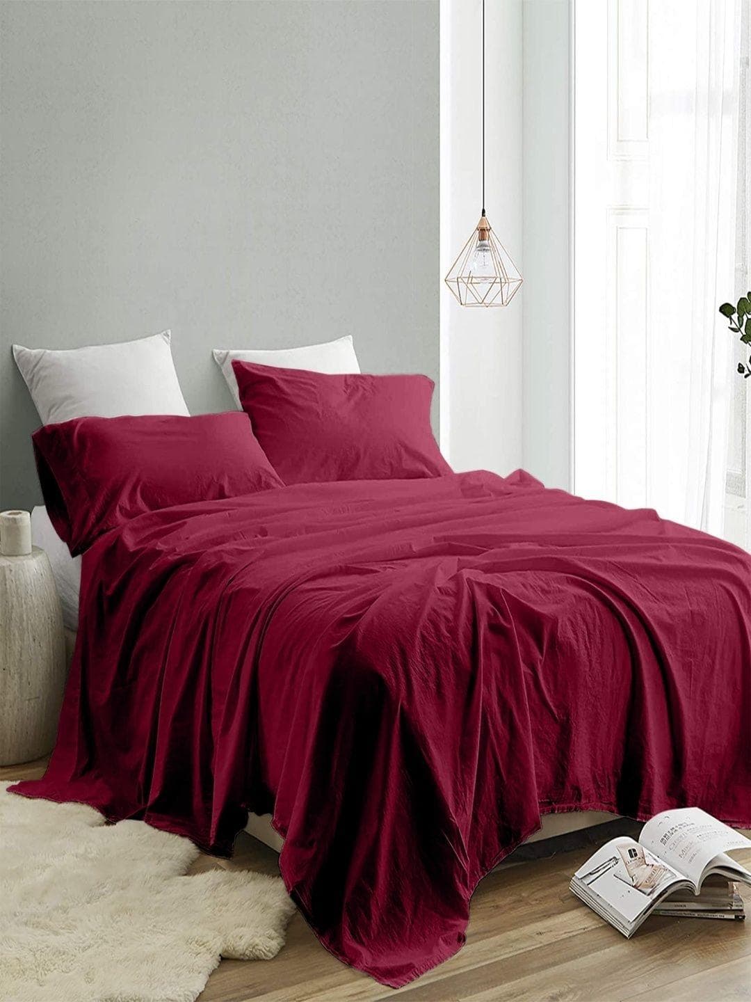 Buy Sangria Red 300 TC King Double Bedsheet With 2 Pillow Covers 2.74 M X 2.74 M - - Home for Unisex
