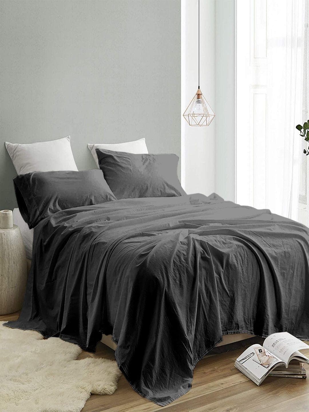 Buy Sangria Black 300 TC King Double Bedsheet With 2 Pillow Covers 2.74 M X 2.74 M - - Home for Unisex
