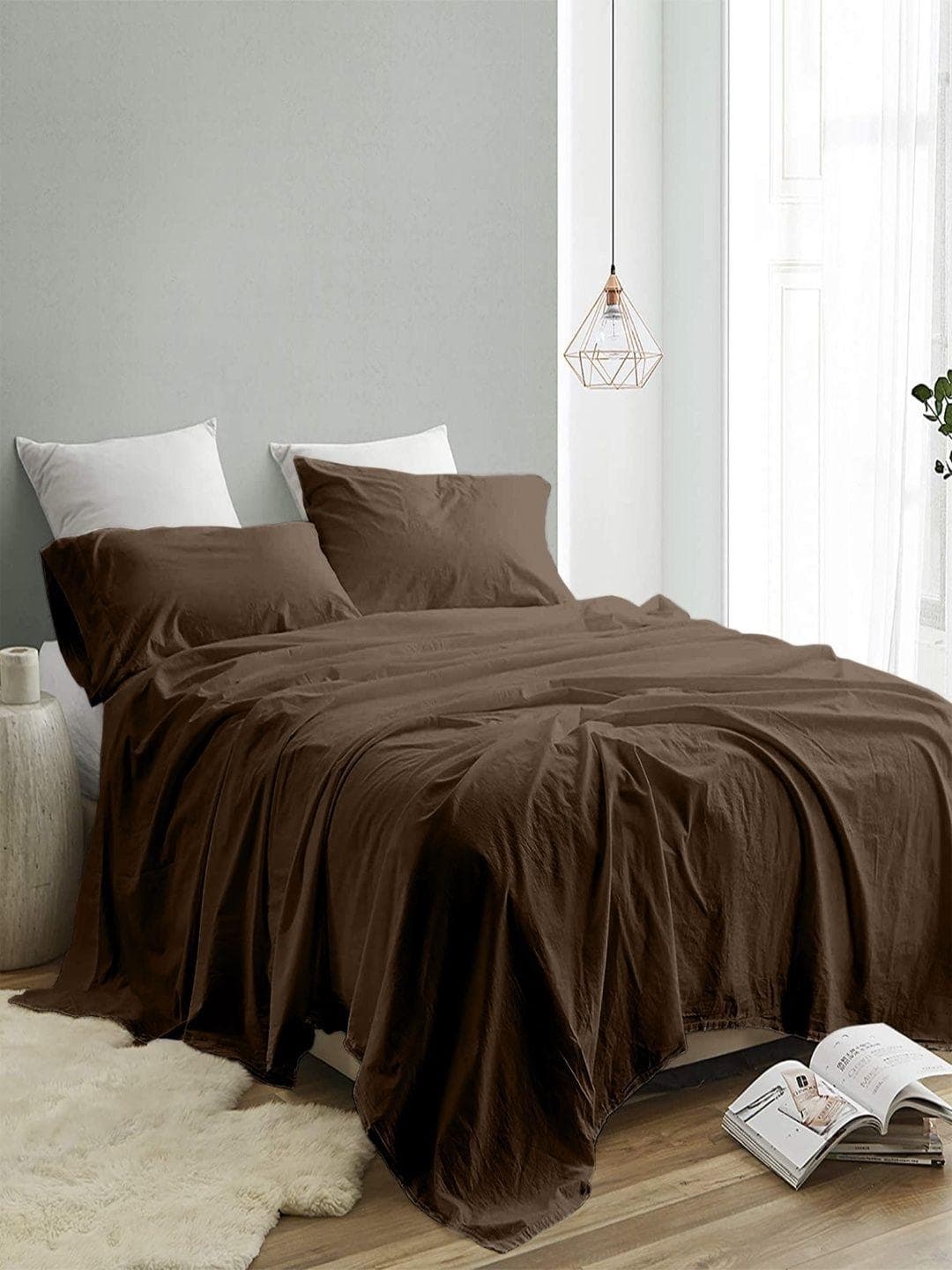 Buy Sangria Brown 300 TC Pure Cotton King Double Bedsheet With 2 Pillow Covers 2.74 M X 2.74 M - - Home for Unisex