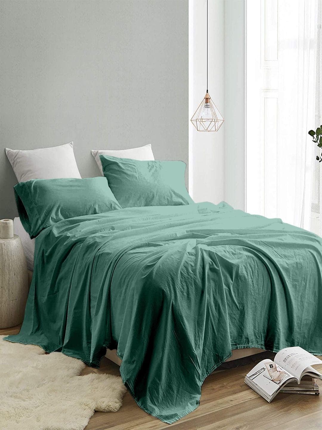 Buy Sangria Teal Blue 300 TC Cotton King Double Bedsheet With 2 Pillow Covers 2.74 M X 2.74 M - - Home for Unisex