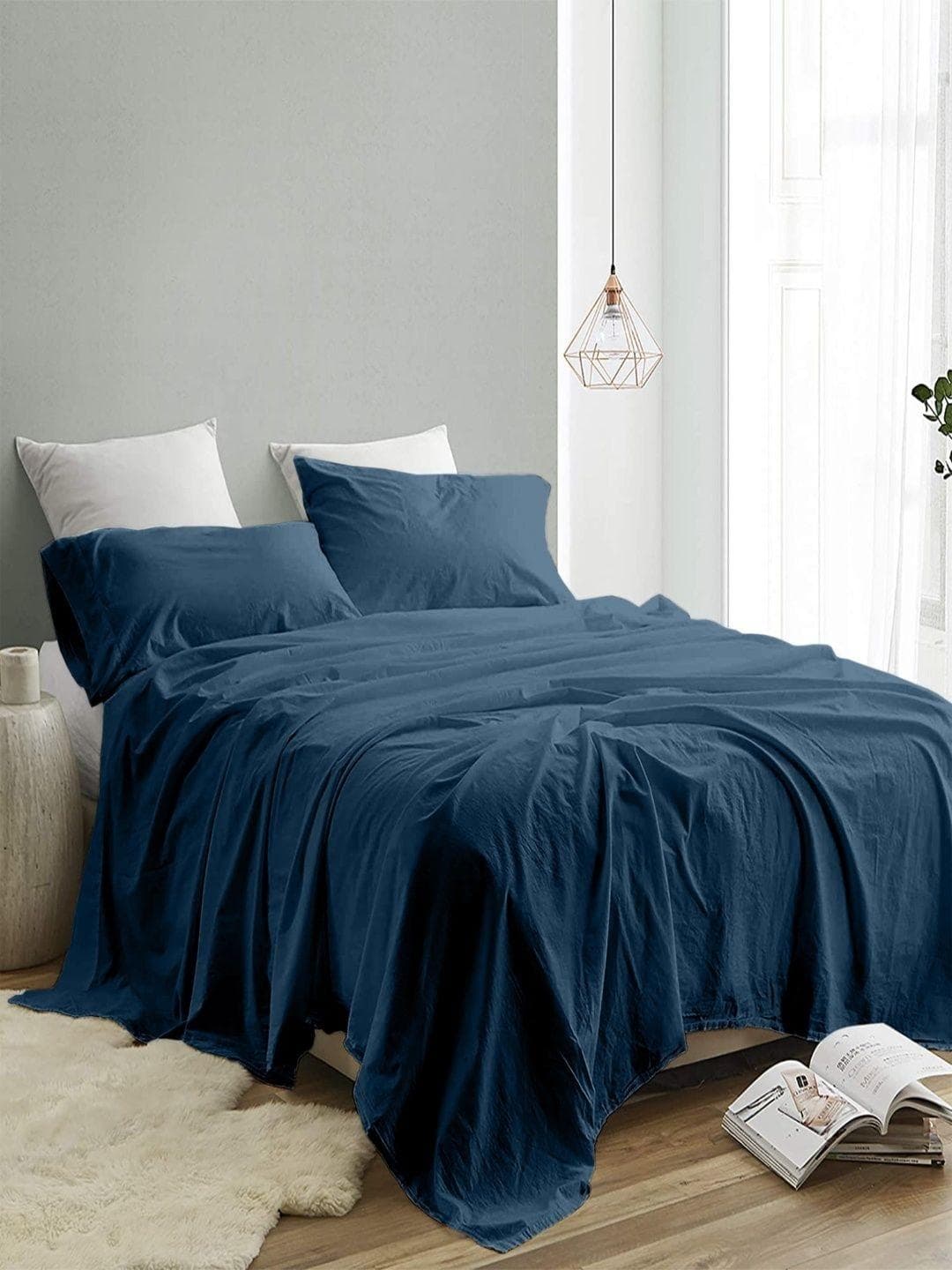 Buy Sangria Blue 300 TC King Double Bedsheet With 2 Pillow Covers 2.74 M X 2.74 M - - Home for Unisex