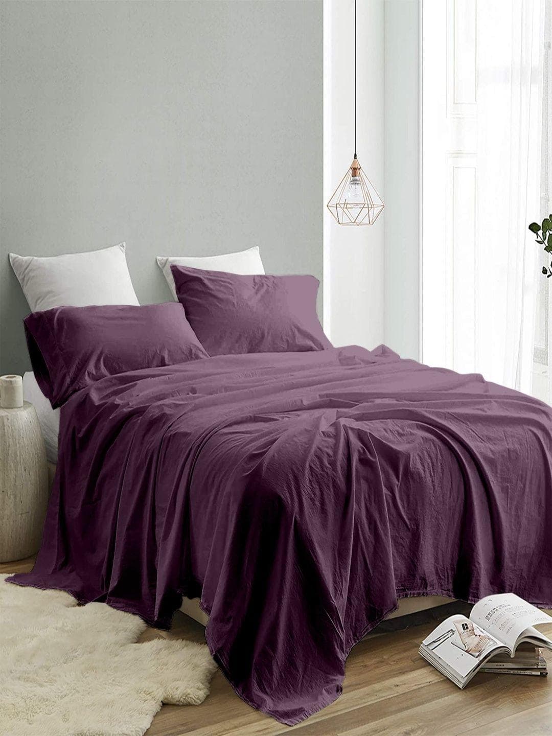 Buy Sangria Purple 300 TC Cotton King Double Bedsheet With 2 Pillow Covers 2.74 M X 2.74 M - - Home for Unisex