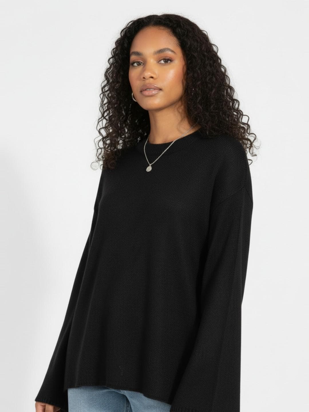 glitchez Round Neck Flared Sleeves High-Low Hem Oversized Pullover