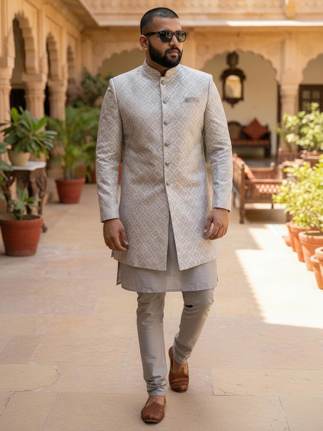 KISAH Plus Size Men Self Design Kurta Indo Western Sherwani Churidar Set