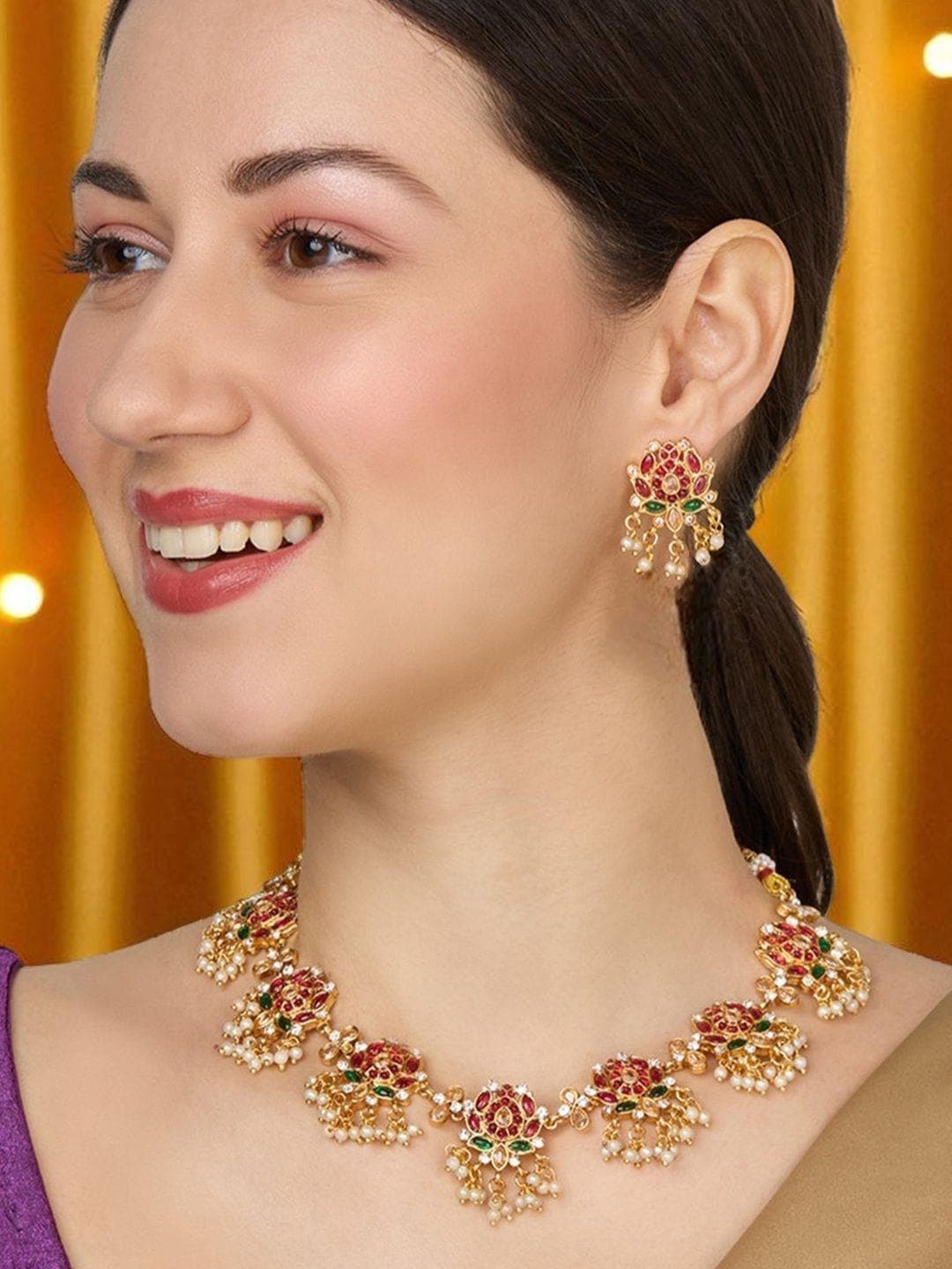 OOMPH Women Kempu Studded Lotus Jewellery Set