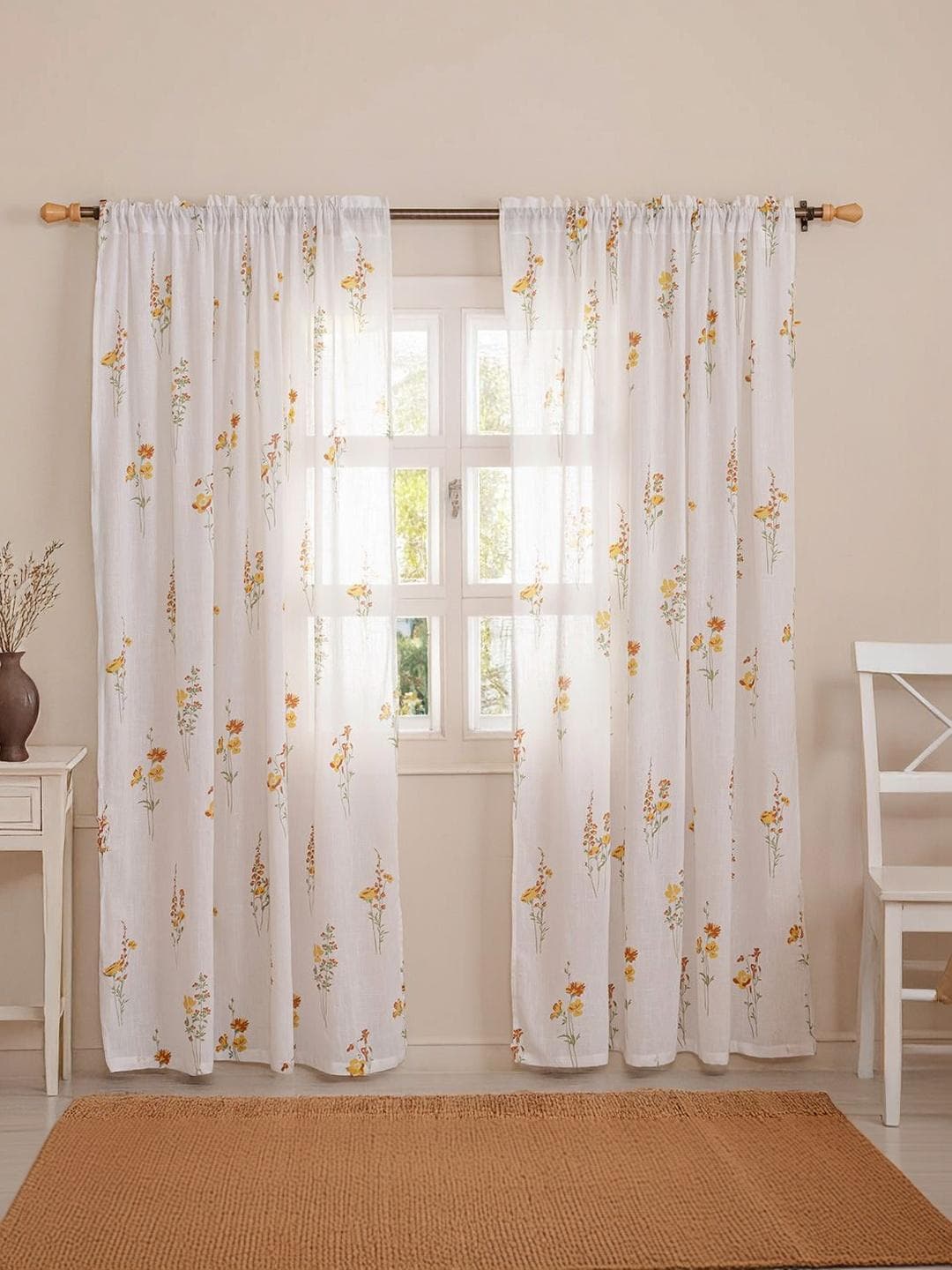 HOMEMONDE Blue Set of 2 Floral Cotton Rod Pocket Window Curtain