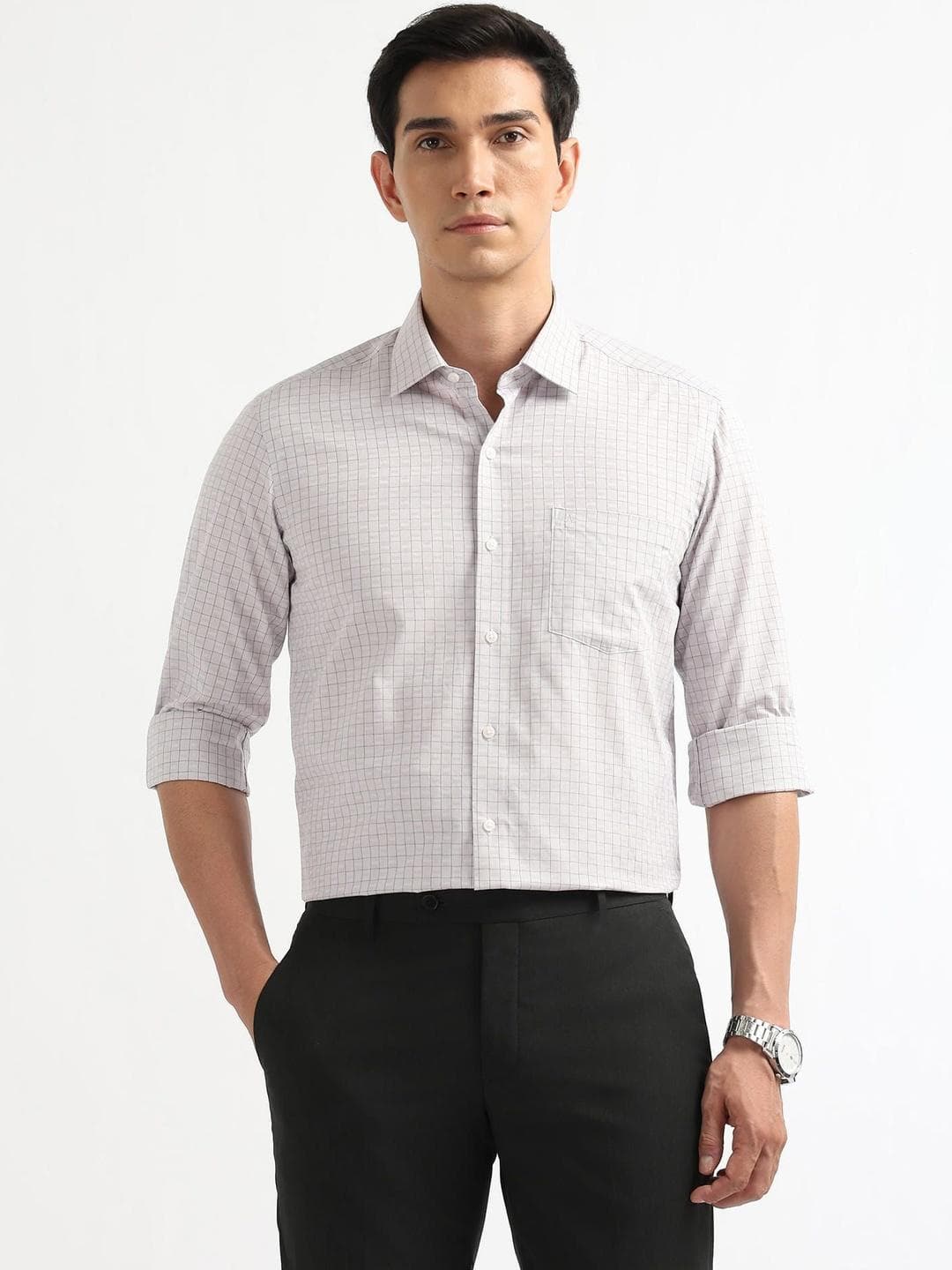 Arrow Men Slim Fit Windowpane Checks Checked Formal Shirt
